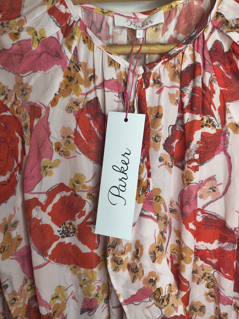 Parker Pink Floral Ruffle Midi Dress with Red & Yellow Accents - Picture 5 of 6